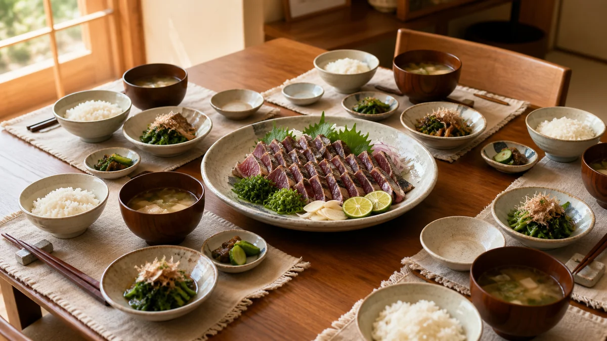 鰹のたたきやご飯が並ぶランチ会の食卓