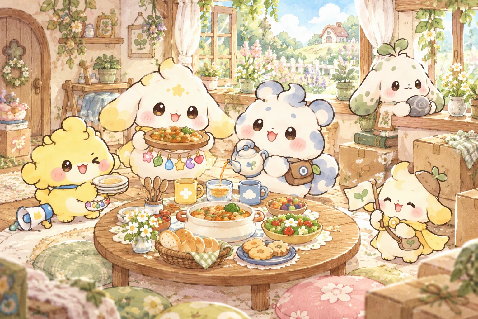 たれとまるの新居で、もこ・いし・ぽんちょも最初の食事を囲む風景